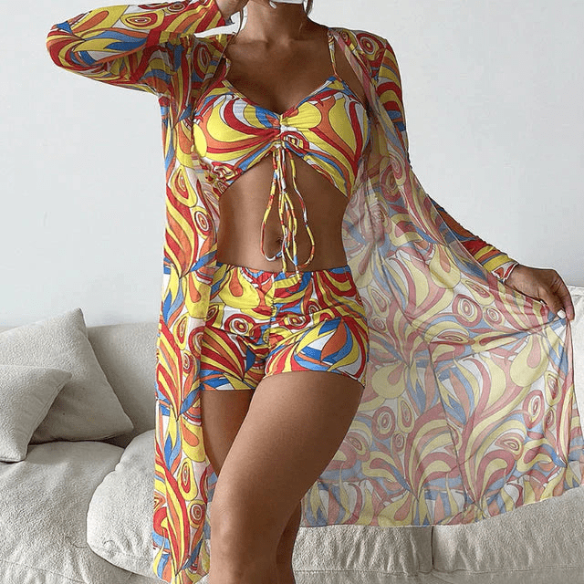 WW | Drei Teilige Bikini Satz Bikini Oberteil, Shorts Und Langer Strickjacke