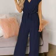 WW | Jumpsuit V-ausschnitt Kurzarm Bindegürtel Weit Bein Elegant & Vielseitig