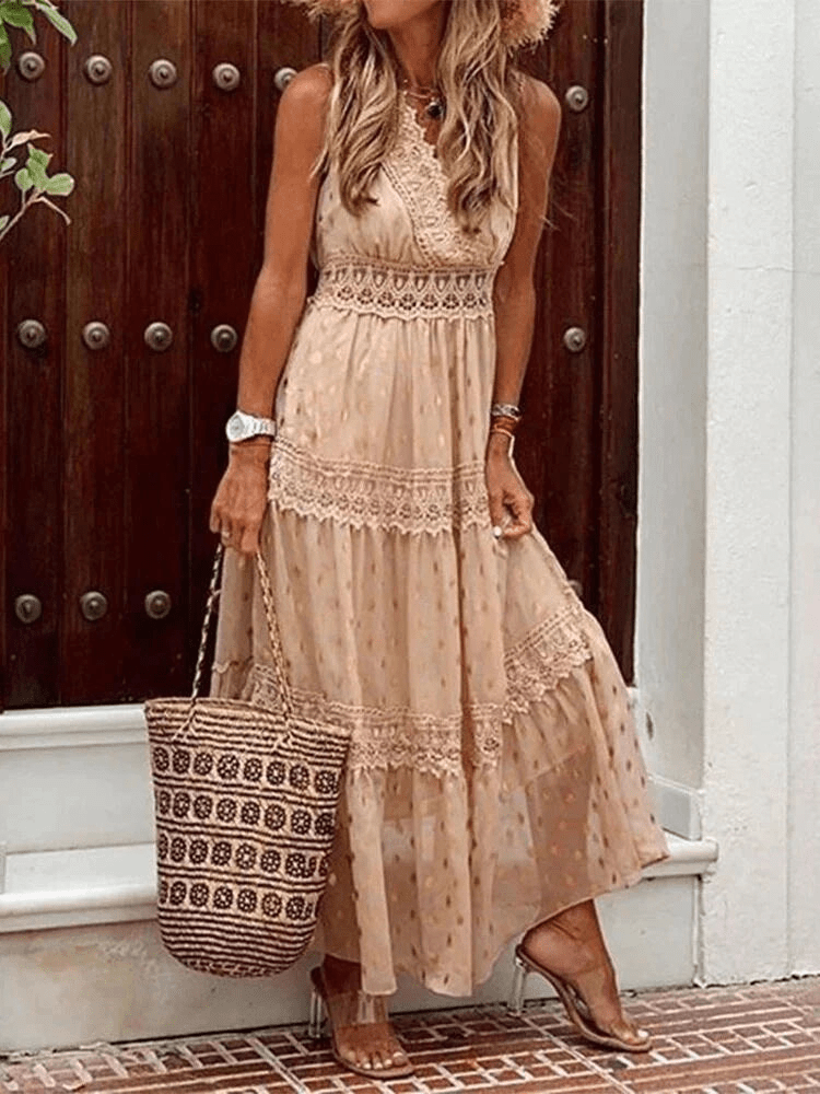 WW | Damen Kleid Elegantes Lang Kleid Mit Spitze