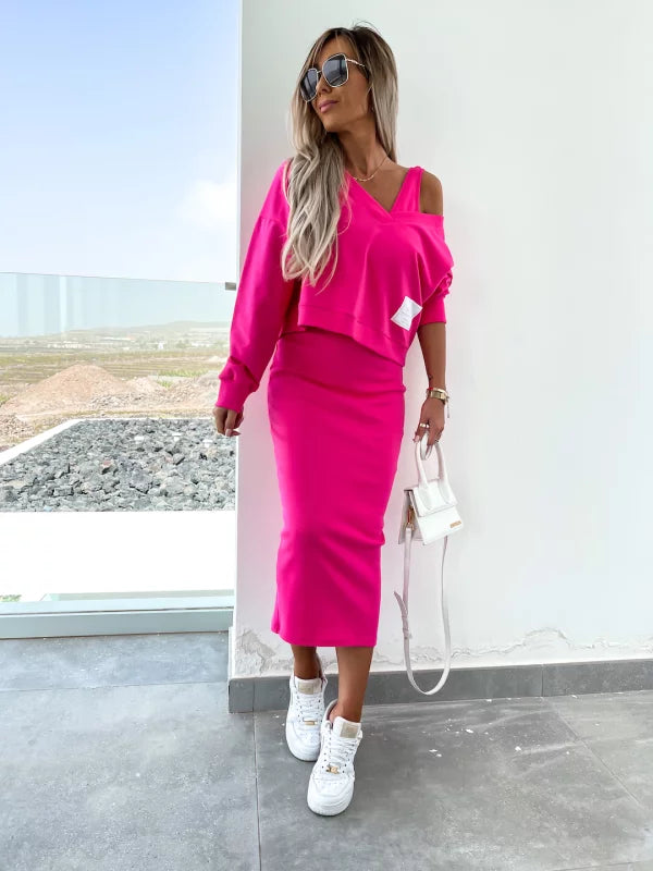 WW | Stilvolles Off Shoulder Crop Top und Midi Rock Set