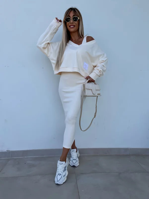 WW | Stilvolles Off Shoulder Crop Top und Midi Rock Set