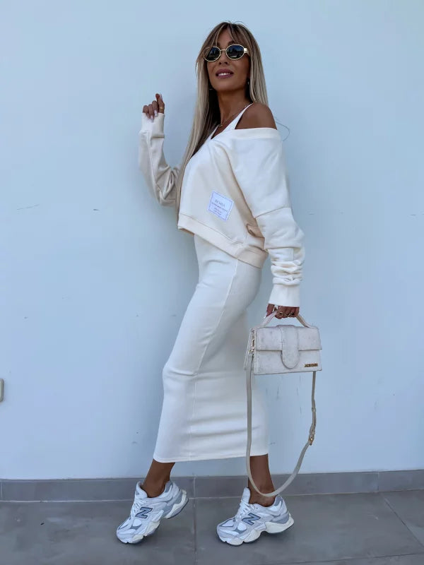 WW | Stilvolles Off Shoulder Crop Top und Midi Rock Set