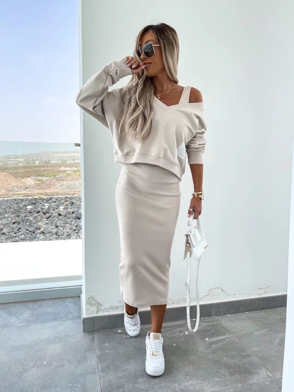 WW | Stilvolles Off Shoulder Crop Top und Midi Rock Set