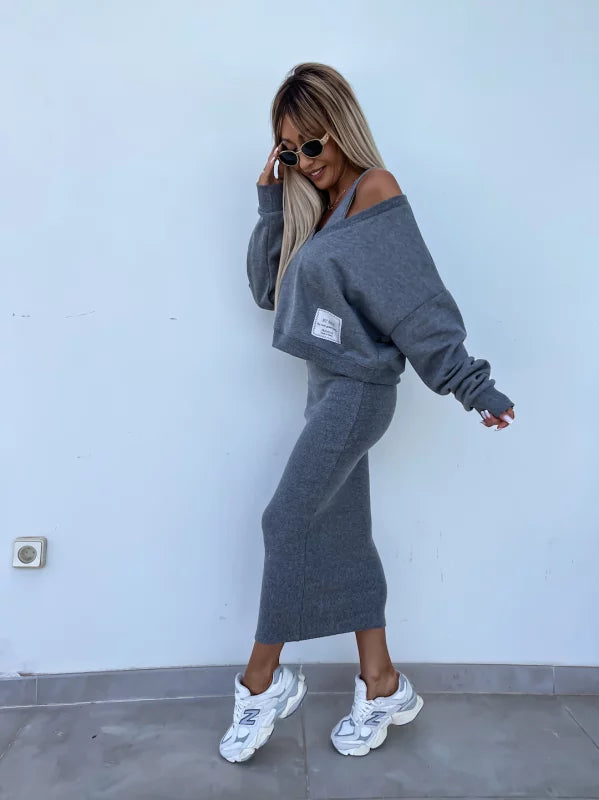 WW | Stilvolles Off Shoulder Crop Top und Midi Rock Set