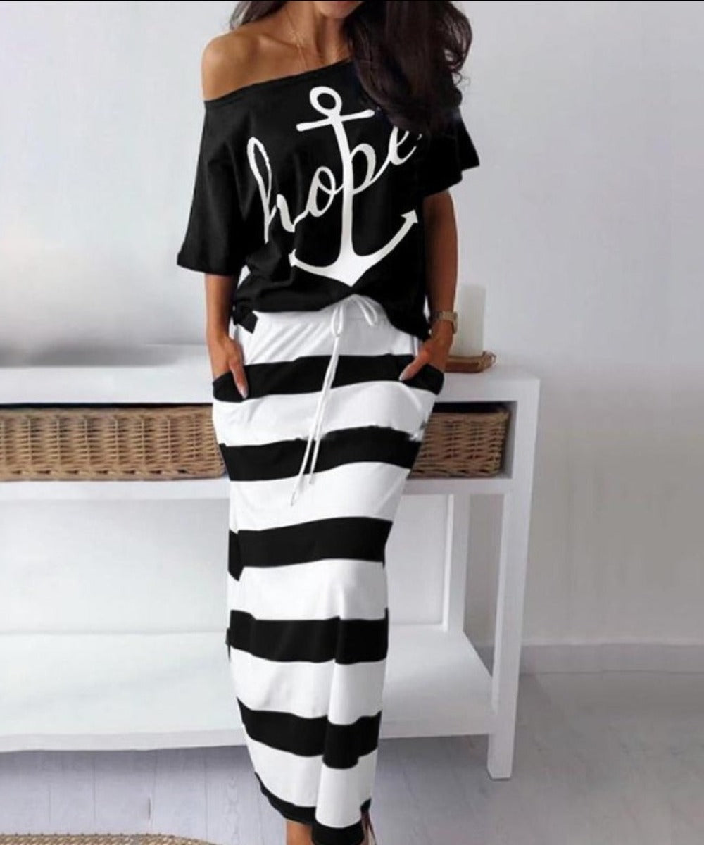 W&W Mode | Off Shoulder Top Und Rock Kleid Batwing Ärmel