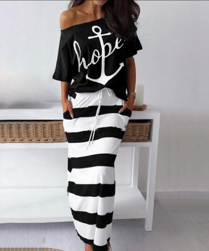 W&W Mode | Off Shoulder Top Und Rock Kleid Batwing Ärmel