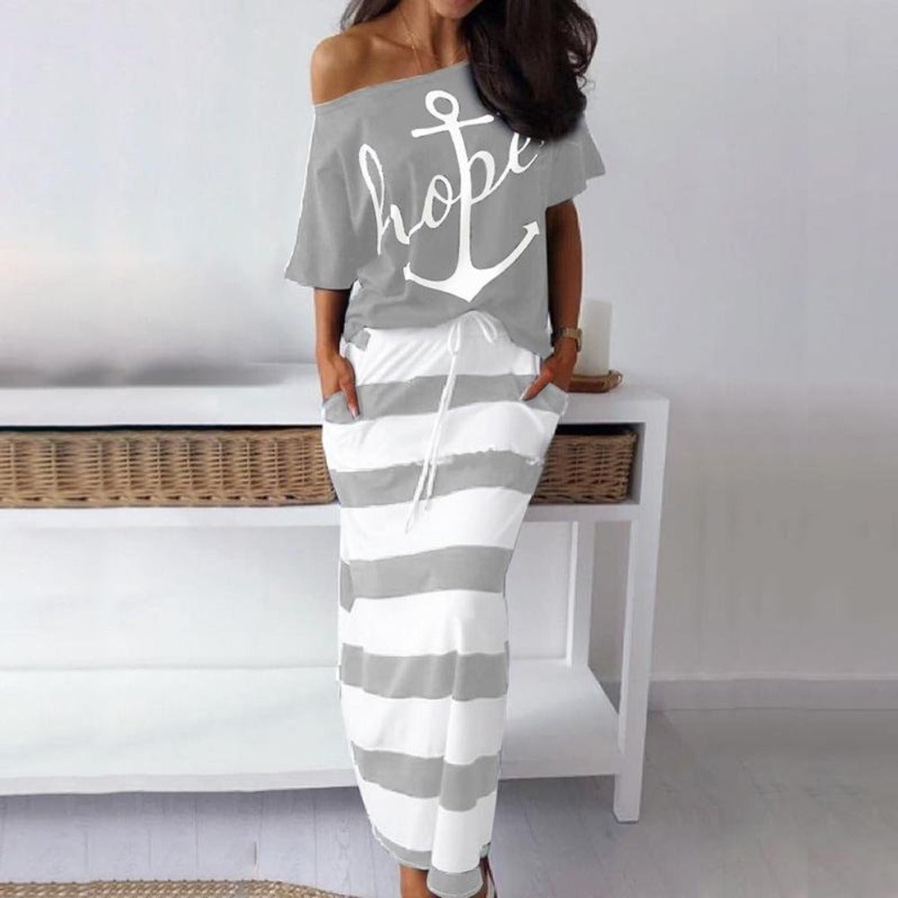 W&W Mode | Off Shoulder Top Und Rock Kleid Batwing Ärmel