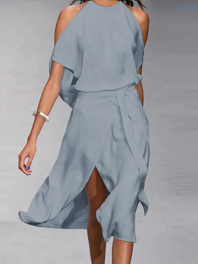 WW | Midi Kleid Off Shoulder Wickelstil Mit Frontschlitz Elegante Fließende Passform