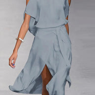 WW | Midi Kleid Off Shoulder Wickelstil Mit Frontschlitz Elegante Fließende Passform