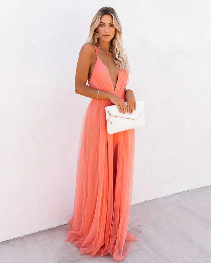 W&W Mode | Elegantes orangefarbenes Kleid mit Trägern für Frauen