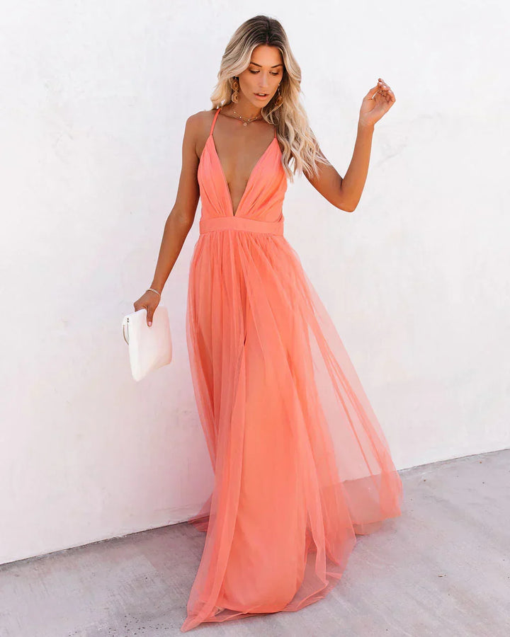 W&W Mode | Elegantes orangefarbenes Kleid mit Trägern für Frauen
