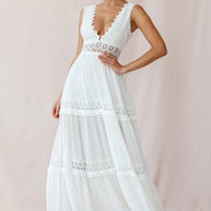 WW | Weißes Boho Maxikleid Mit Häkeleinsätzen & Tiefem V-Ausschnitt
