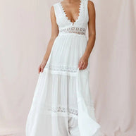 WW | Weißes Boho Maxikleid Mit Häkeleinsätzen & Tiefem V-Ausschnitt