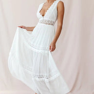 WW | Weißes Boho Maxikleid Mit Häkeleinsätzen & Tiefem V-Ausschnitt
