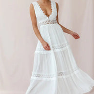 WW | Weißes Boho Maxikleid Mit Häkeleinsätzen & Tiefem V-Ausschnitt