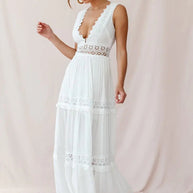 WW | Weißes Boho Maxikleid Mit Häkeleinsätzen & Tiefem V-Ausschnitt