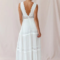 WW | Weißes Boho Maxikleid Mit Häkeleinsätzen & Tiefem V-Ausschnitt