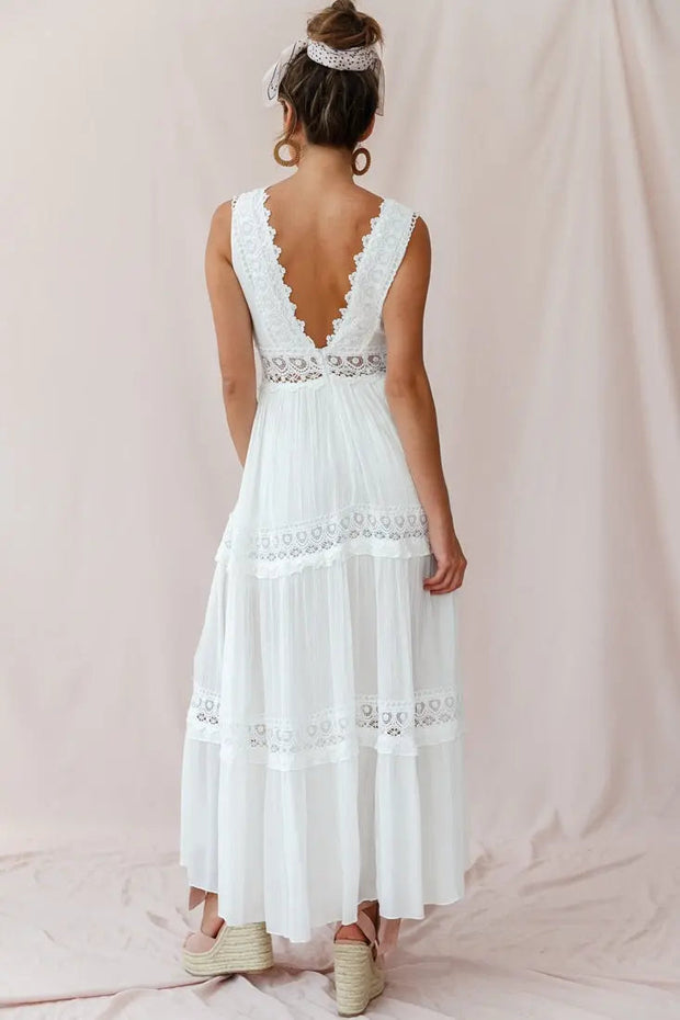 WW | Weißes Boho Maxikleid Mit Häkeleinsätzen & Tiefem V-Ausschnitt