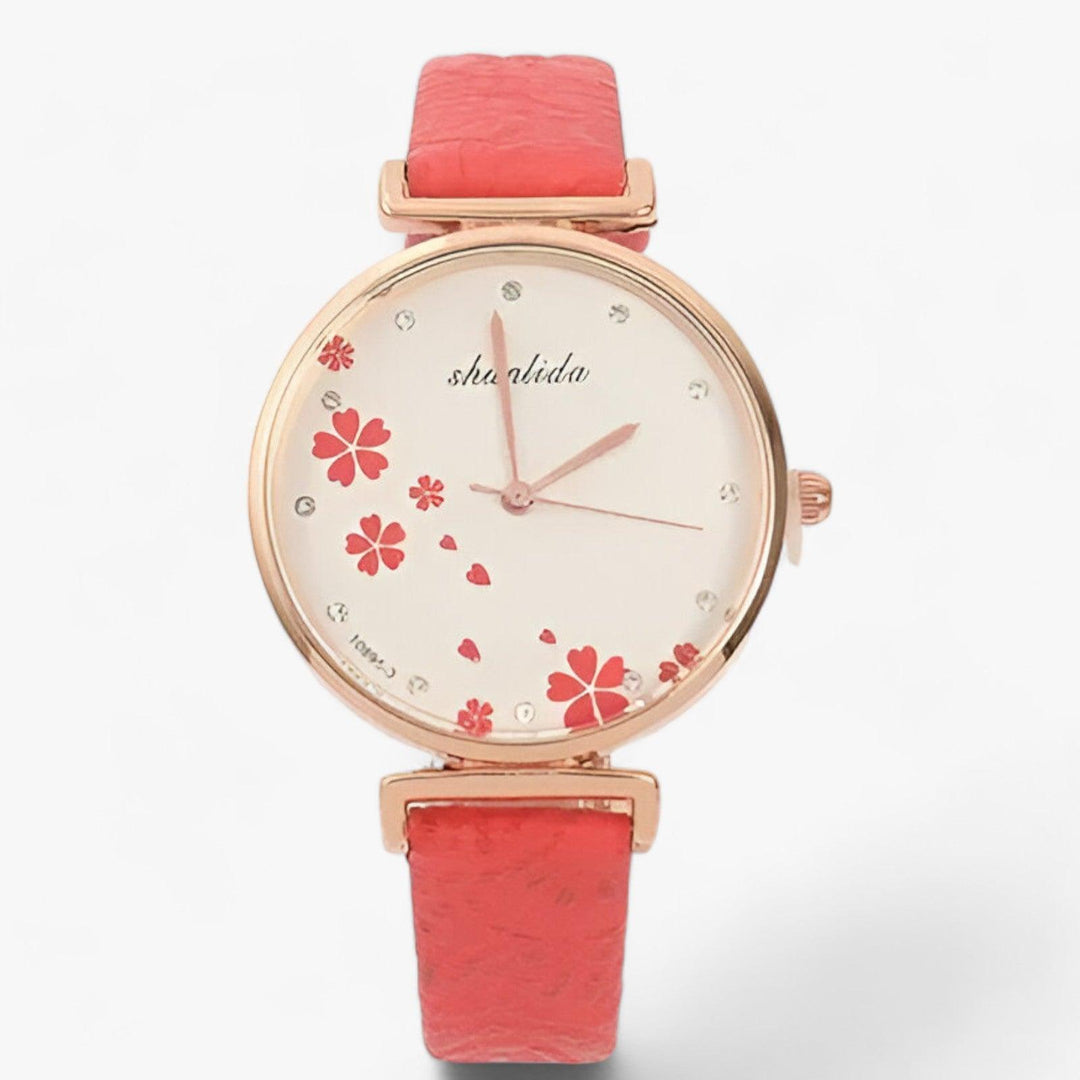 Damen-Armbanduhr mit rundem Zifferblatt und Blumenmotiv