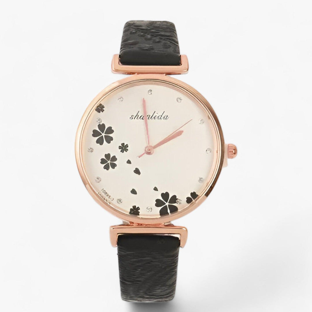 Damen-Armbanduhr mit rundem Zifferblatt und Blumenmotiv