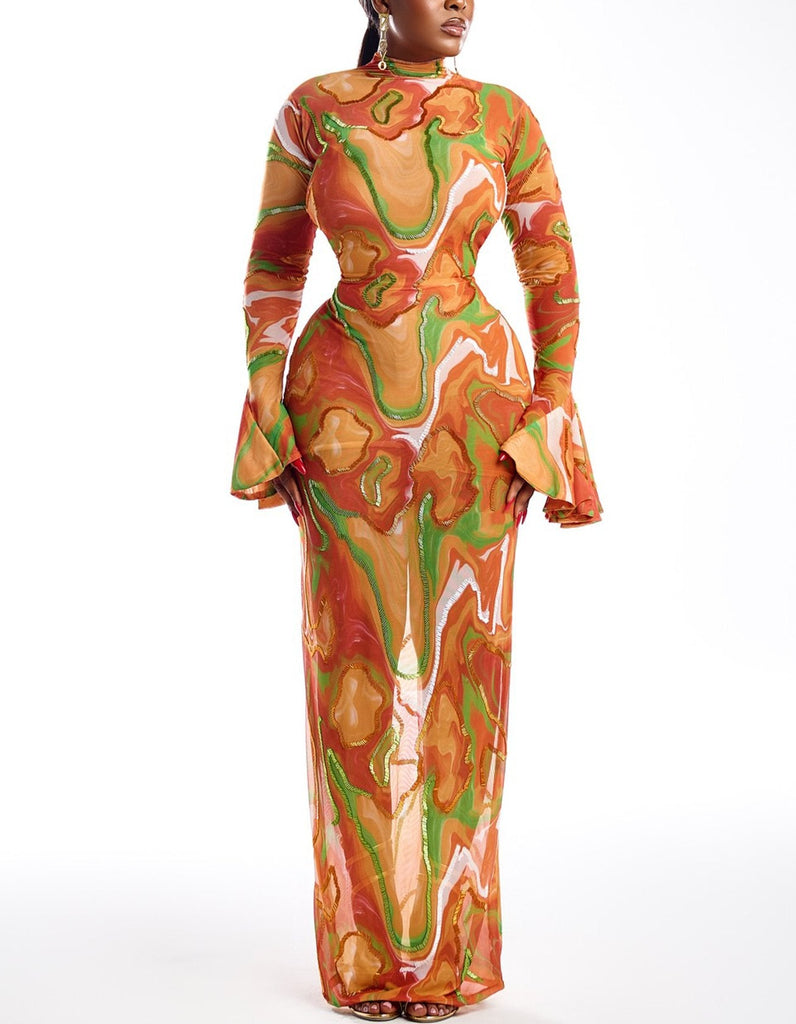 WW | Fashion Marmor Druck Bodycon Maxi Kleid