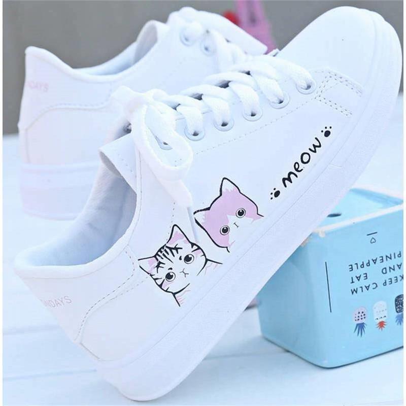W&W Mode | Bedruckte Pu Schuhe Süße Katzen Schnürsneaker