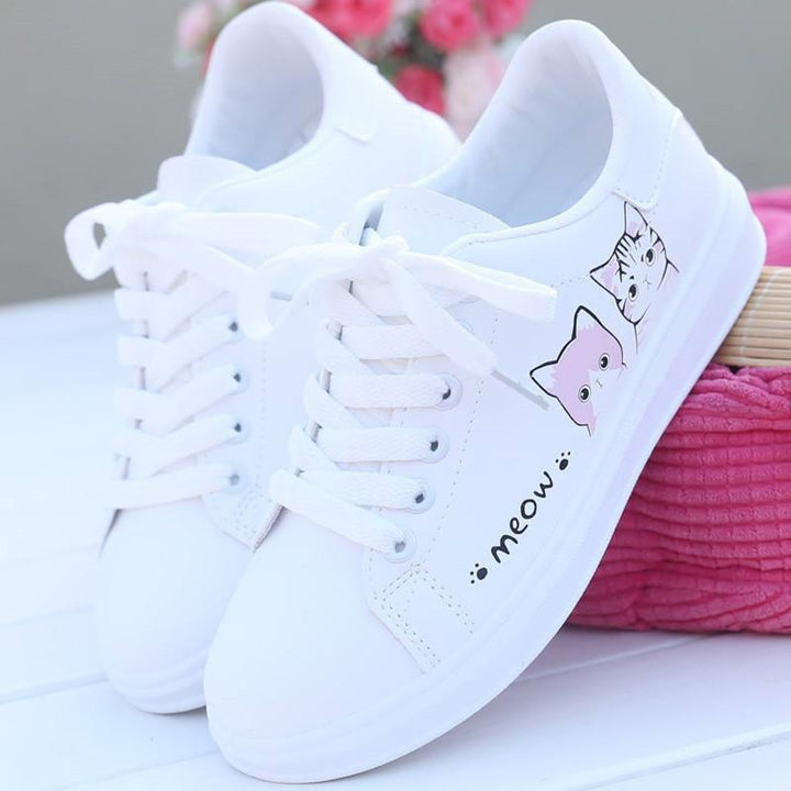 W&W Mode | Bedruckte Pu Schuhe Süße Katzen Schnürsneaker