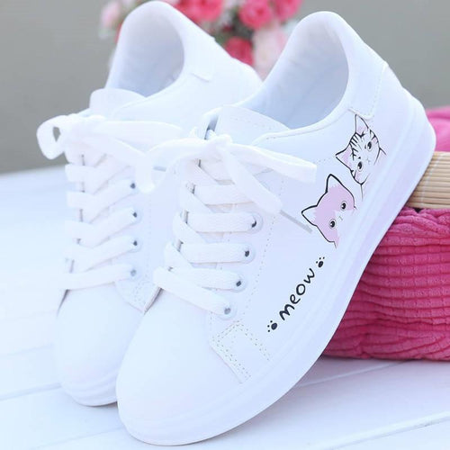 W&W Mode | Bedruckte Pu Schuhe Süße Katzen Schnürsneaker