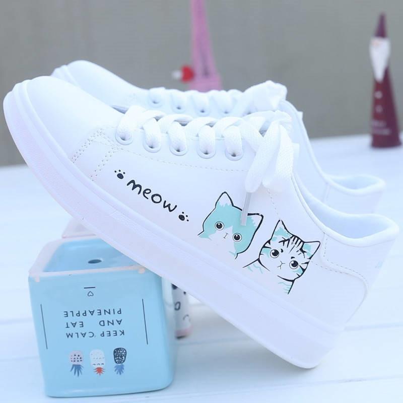 W&W Mode | Bedruckte Pu Schuhe Süße Katzen Schnürsneaker