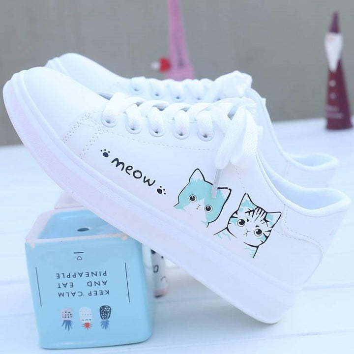 W&W Mode | Bedruckte Pu Schuhe Süße Katzen Schnürsneaker