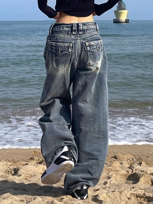 WW | Hop Gewaschene Distressed Hoher Taille Baggy Jeans