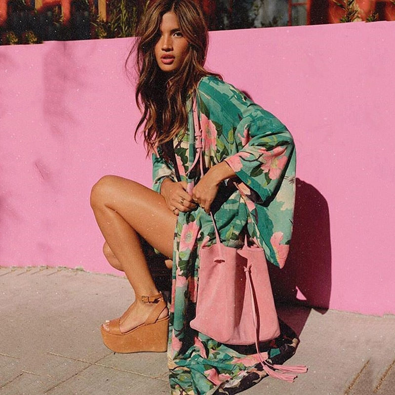 WW | Grüner Blumenprint Kimono Strickjacke