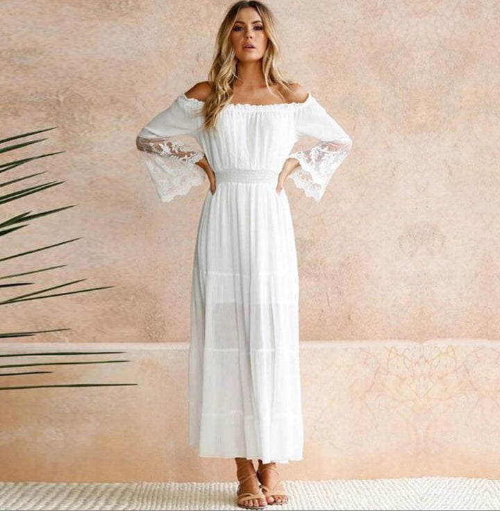 W&W Mode | Schulterfreies Weißes Spitzen Sommerkleid