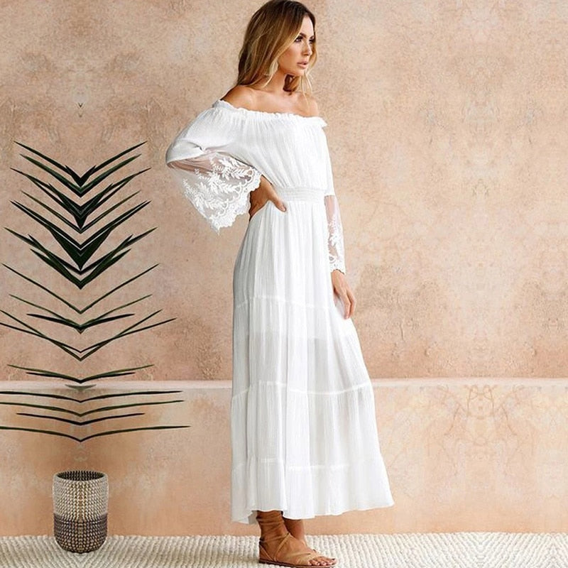 W&W Mode | Schulterfreies Weißes Spitzen Sommerkleid