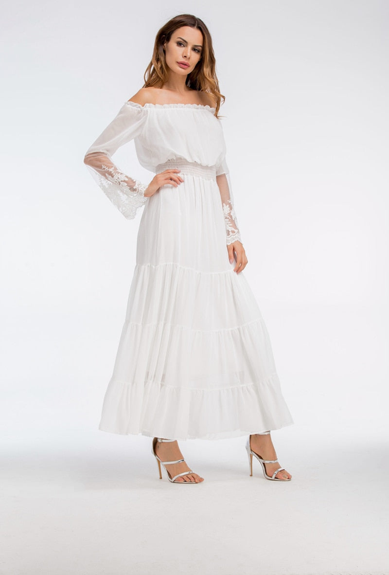 W&W Mode | Schulterfreies Weißes Spitzen Sommerkleid
