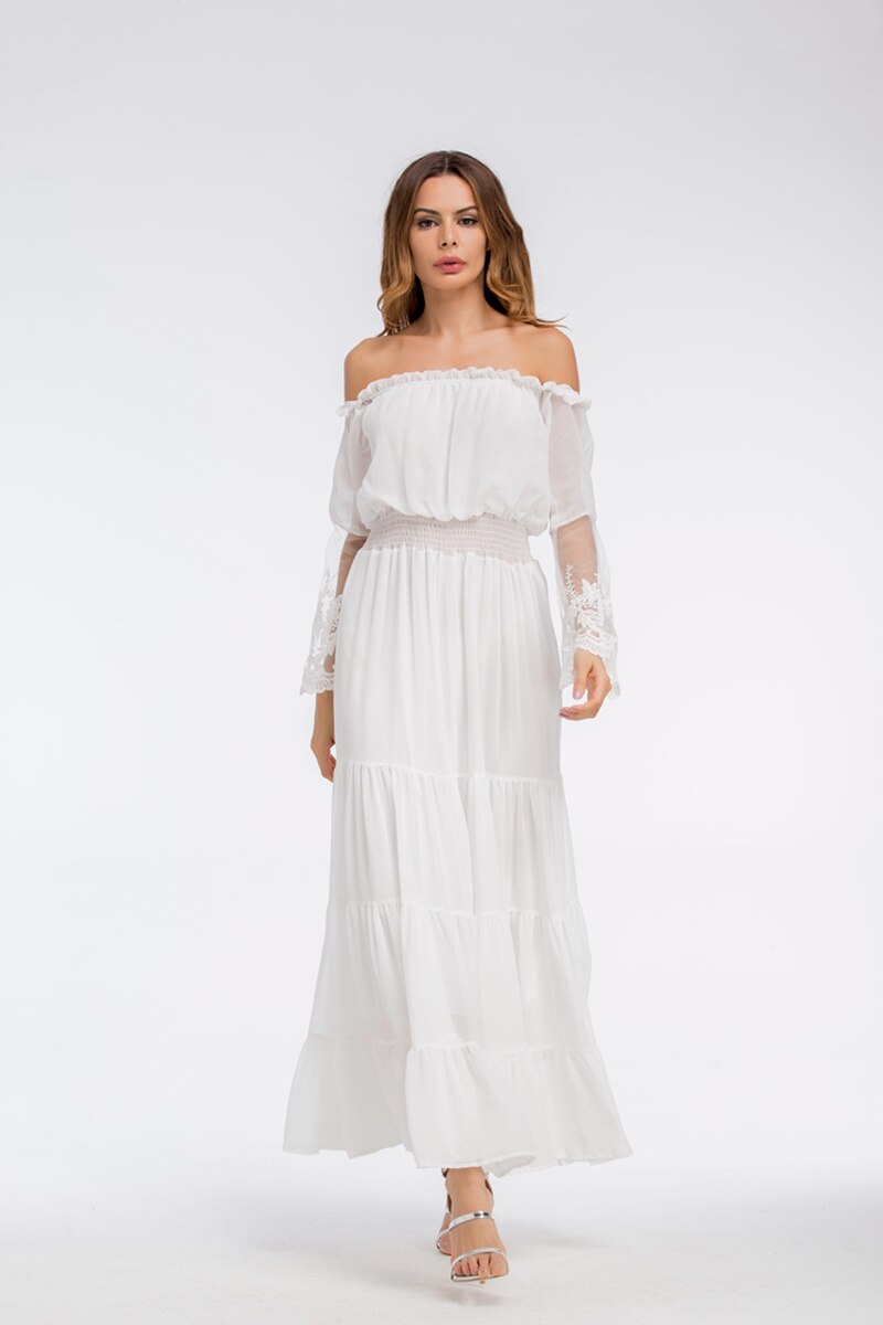 WW | Schulterfreies Weißes Spitzen Sommerkleid