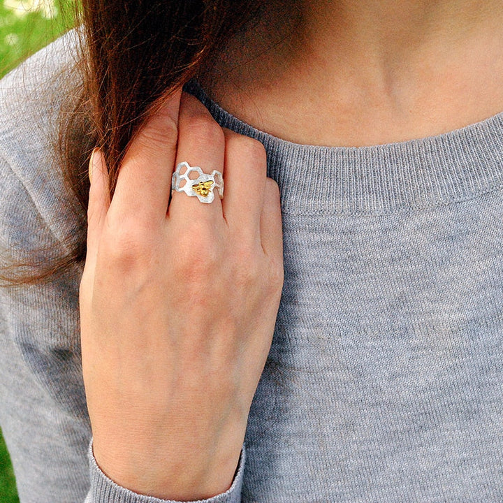 W&W Mode | Kleine Biene 18k vergoldete Waben offene Ringe