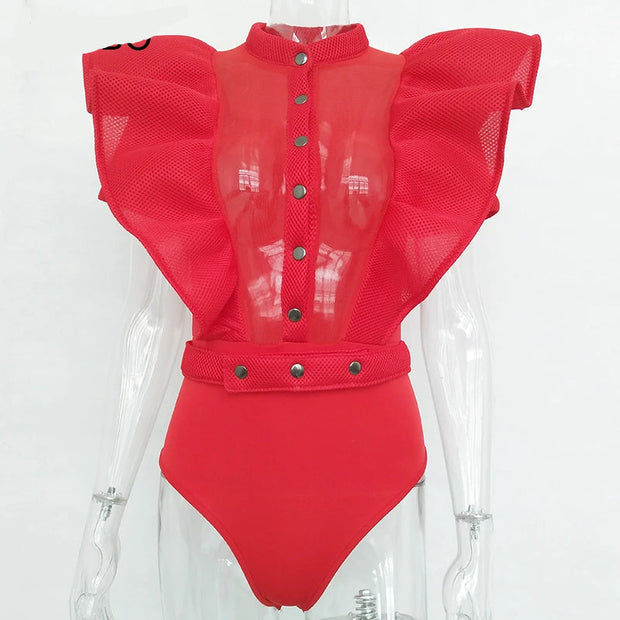 WW | Freizeit schwarzes Rüschenschnitt Ausschnitt Kurzarm Frauen Bodysuit Top