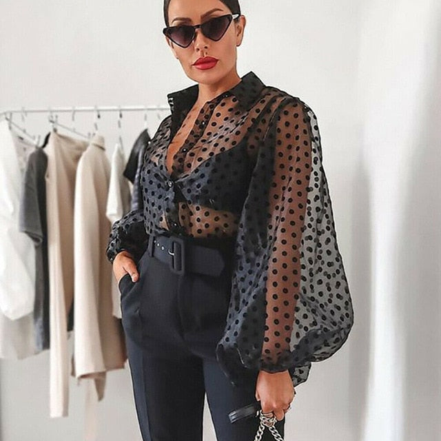WW | Retro-Dots-Dot Transparent Lockere Knopf Große Puffärmel Damen Bluse