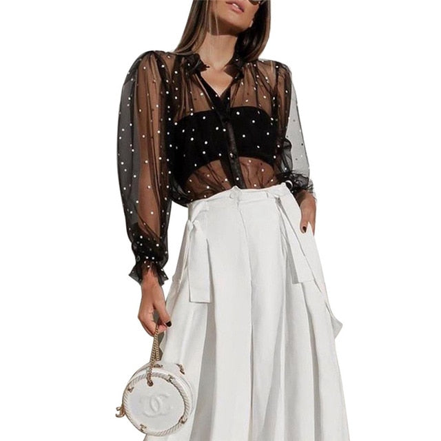 WW | Retro-Dots-Dot Transparent Lockere Knopf Große Puffärmel Damen Bluse