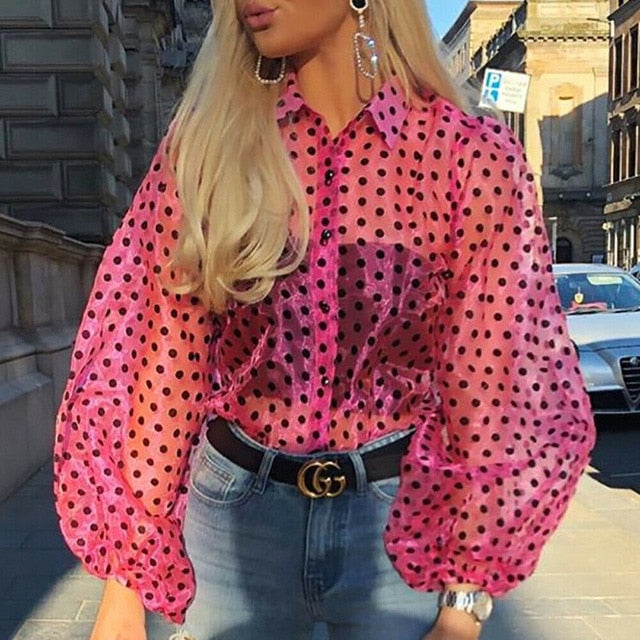 WW | Retro-Dots-Dot Transparent Lockere Knopf Große Puffärmel Damen Bluse