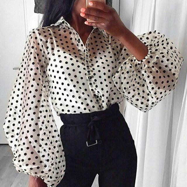WW | Retro-Dots-Dot Transparent Lockere Knopf Große Puffärmel Damen Bluse