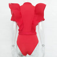 WW | Freizeit schwarzes Rüschenschnitt Ausschnitt Kurzarm Frauen Bodysuit Top
