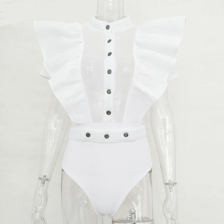 W&W Mode | Freizeit schwarzes Rüschenschnitt Ausschnitt Kurzarm Frauen Bodysuit Top