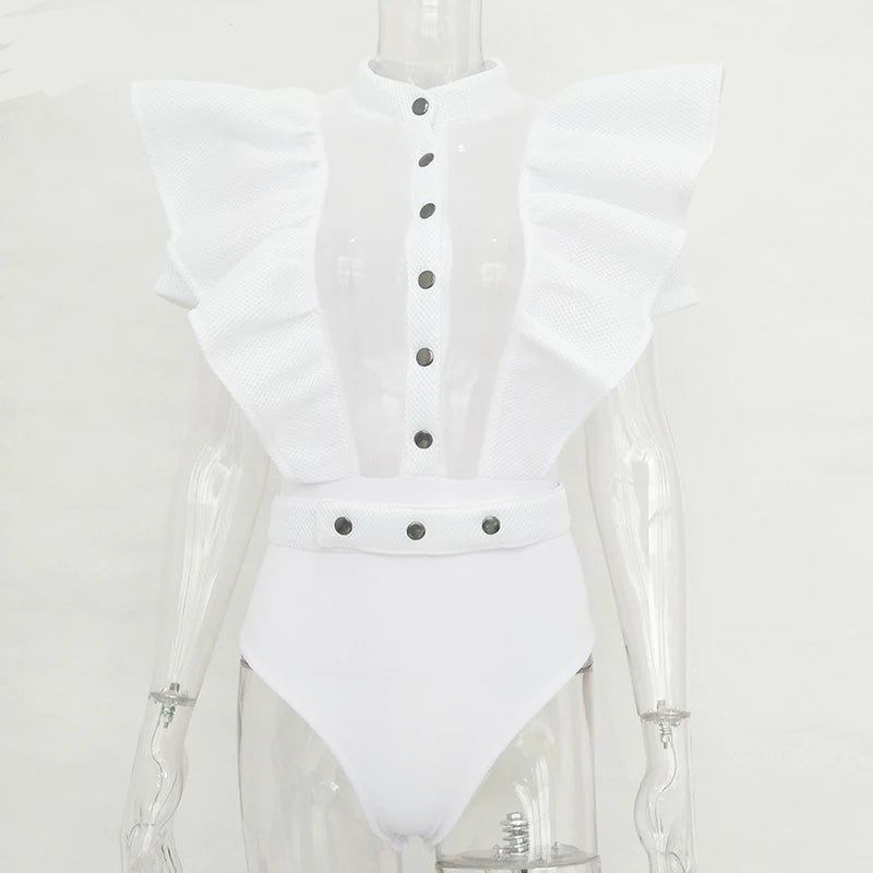 WW | Freizeit schwarzes Rüschenschnitt Ausschnitt Kurzarm Frauen Bodysuit Top