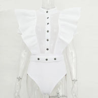 WW | Freizeit schwarzes Rüschenschnitt Ausschnitt Kurzarm Frauen Bodysuit Top