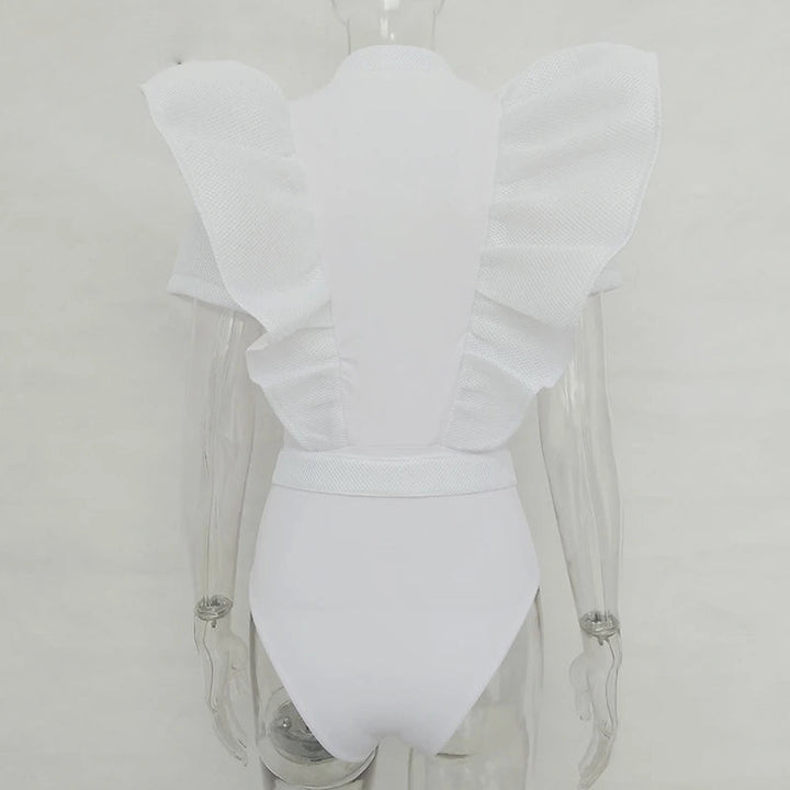 W&W Mode | Freizeit schwarzes Rüschenschnitt Ausschnitt Kurzarm Frauen Bodysuit Top