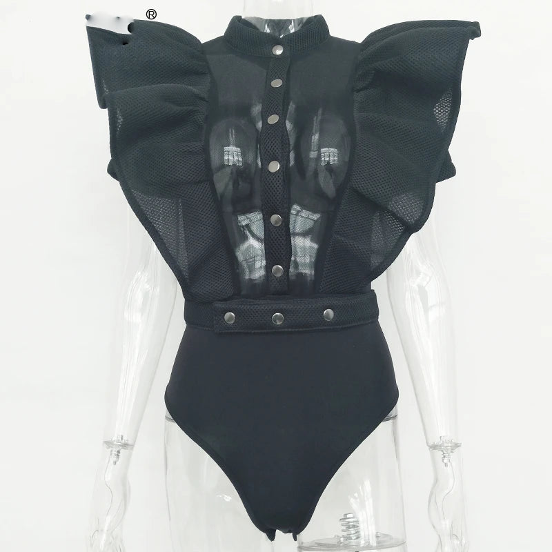WW | Freizeit schwarzes Rüschenschnitt Ausschnitt Kurzarm Frauen Bodysuit Top