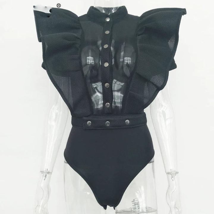 W&W Mode | Freizeit schwarzes Rüschenschnitt Ausschnitt Kurzarm Frauen Bodysuit Top