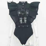 WW | Freizeit schwarzes Rüschenschnitt Ausschnitt Kurzarm Frauen Bodysuit Top
